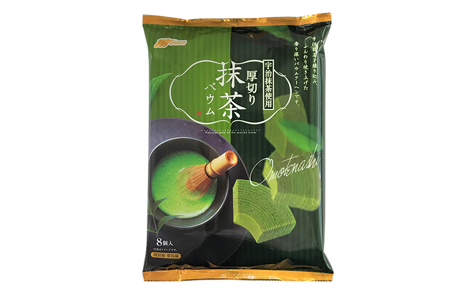 厚切り宇治抹茶バウム|宇治抹茶を練り込み、ふんわり焼き上げた香り深い味わい。食べやすいサイズの個包装です。