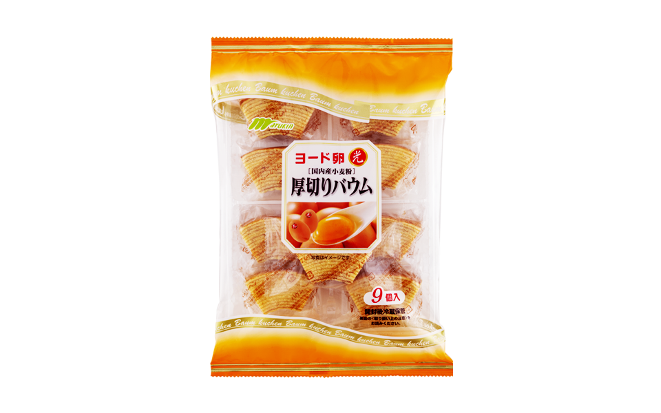 ヨード卵 厚切りバウム|国内産小麦100%とヨード卵・光によるおいしさを、食べやすいサイズに。